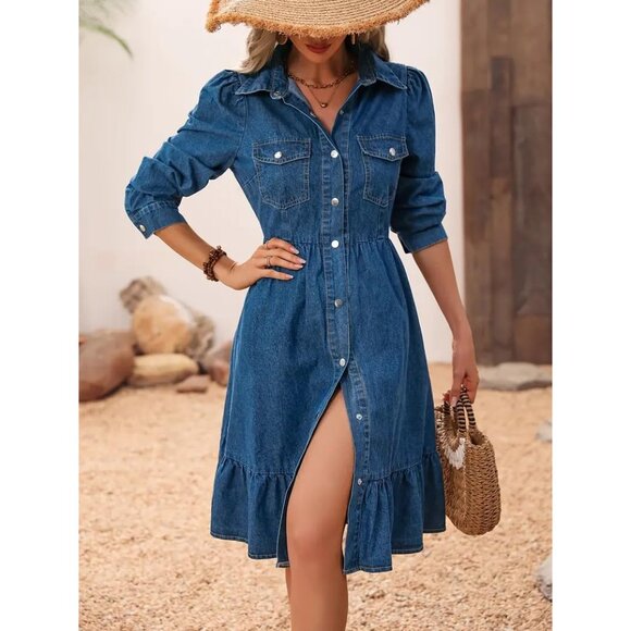 Women's Denim Dress Midi Long Puff Sleeve Button Down Casual Vacation Style - Picture 3 of 4